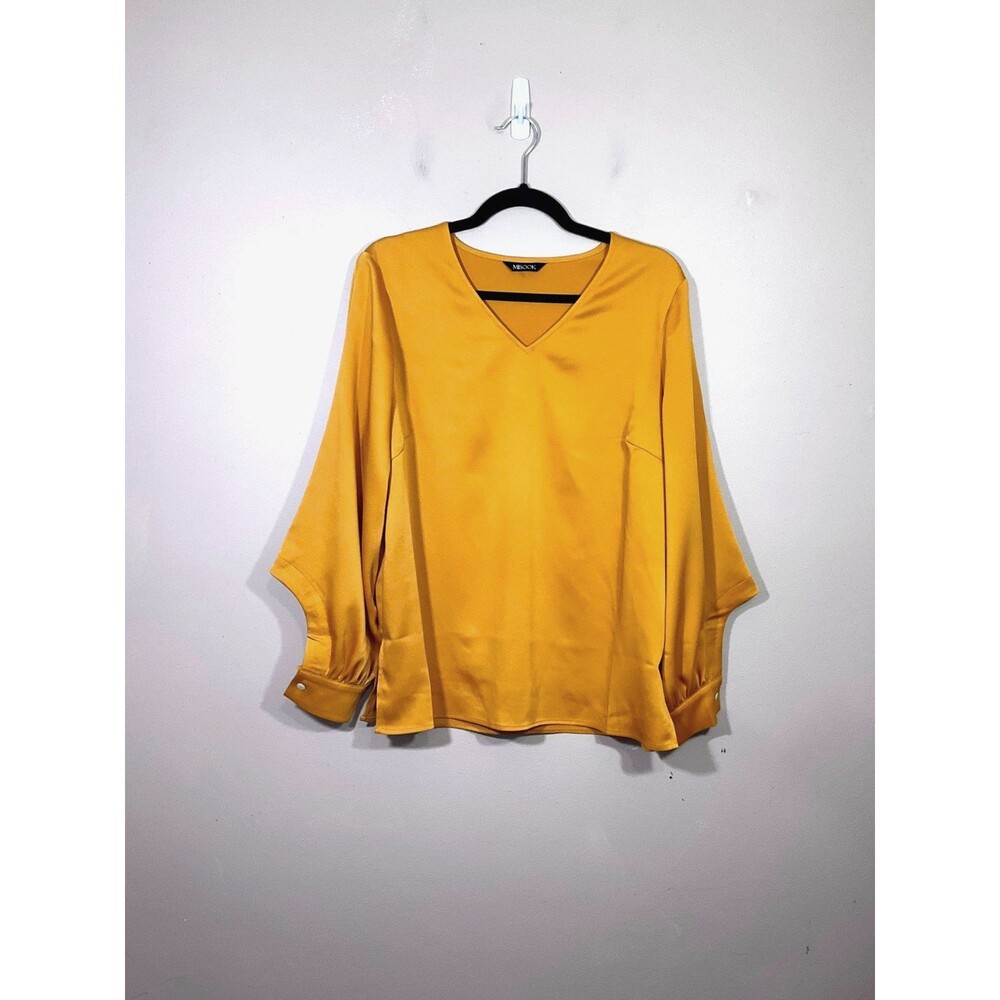 Misook Womens Long Sleeve Satin V-Neck Shirt L Gold Yellow Minimalist Preppy